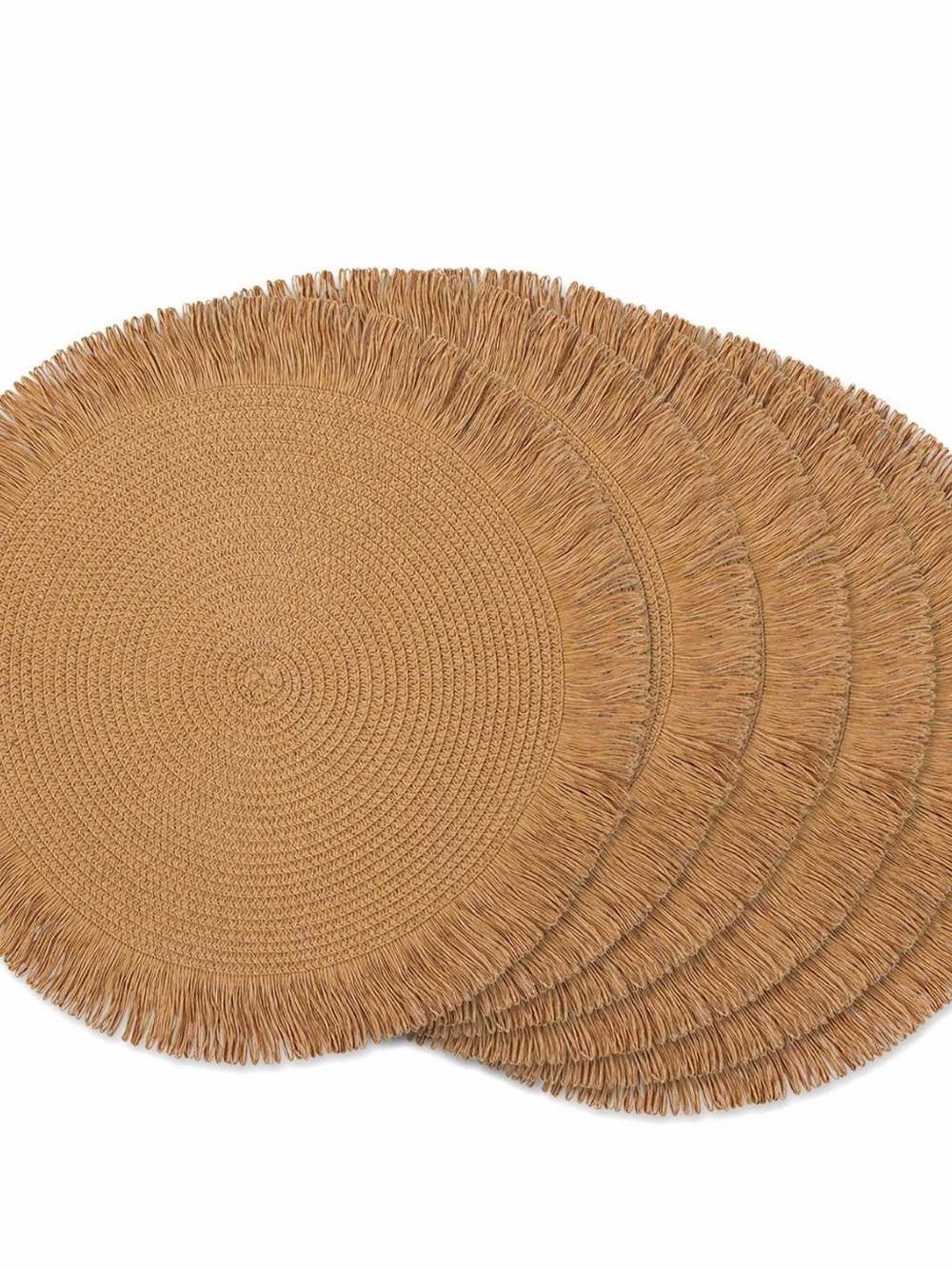 Woven Kitchen Collection Round Placemat Set, 14”Round, Natural Fringe, 6 Piece